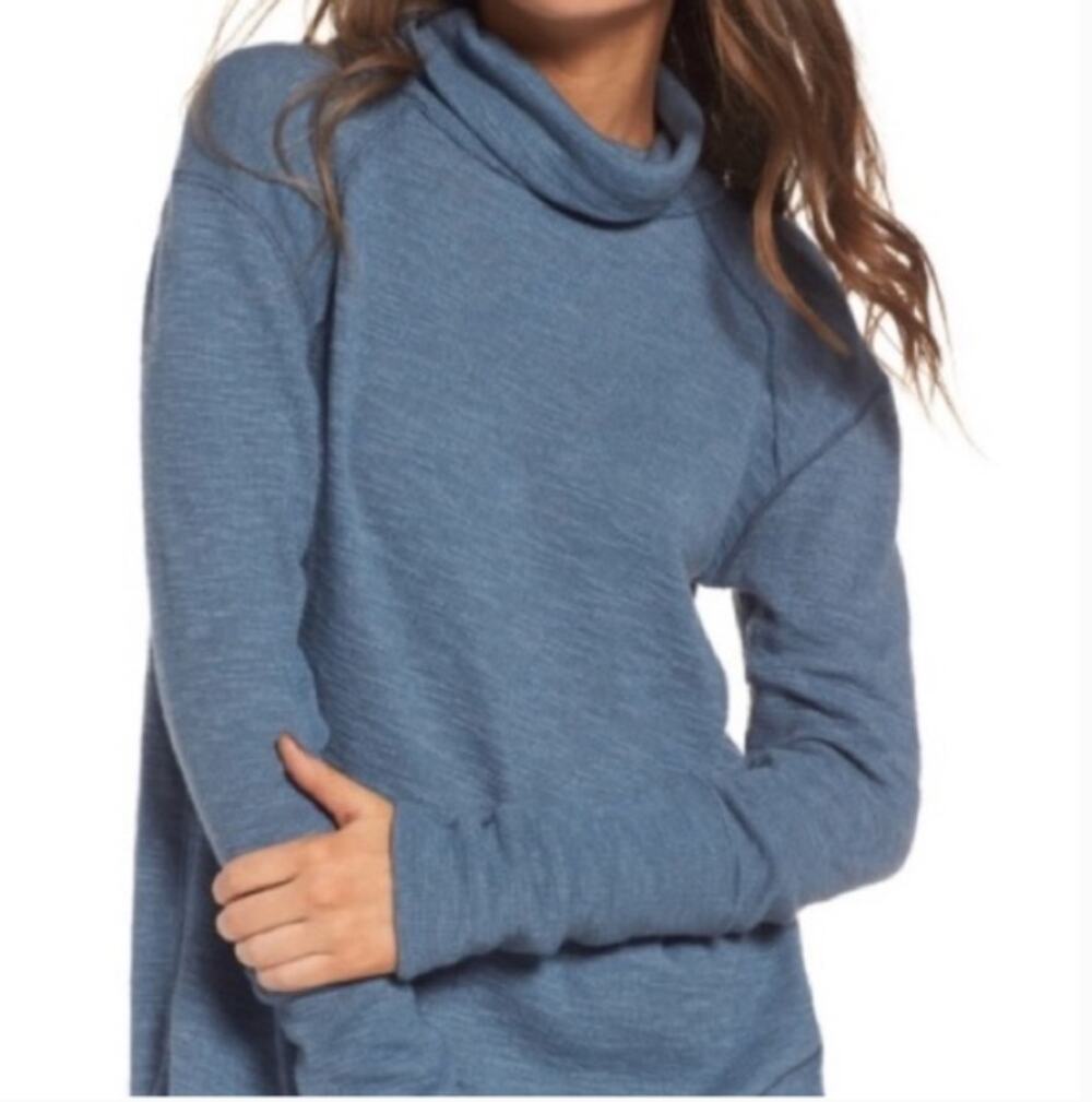 Free People Split Back Turtleneck Top - Blue Small